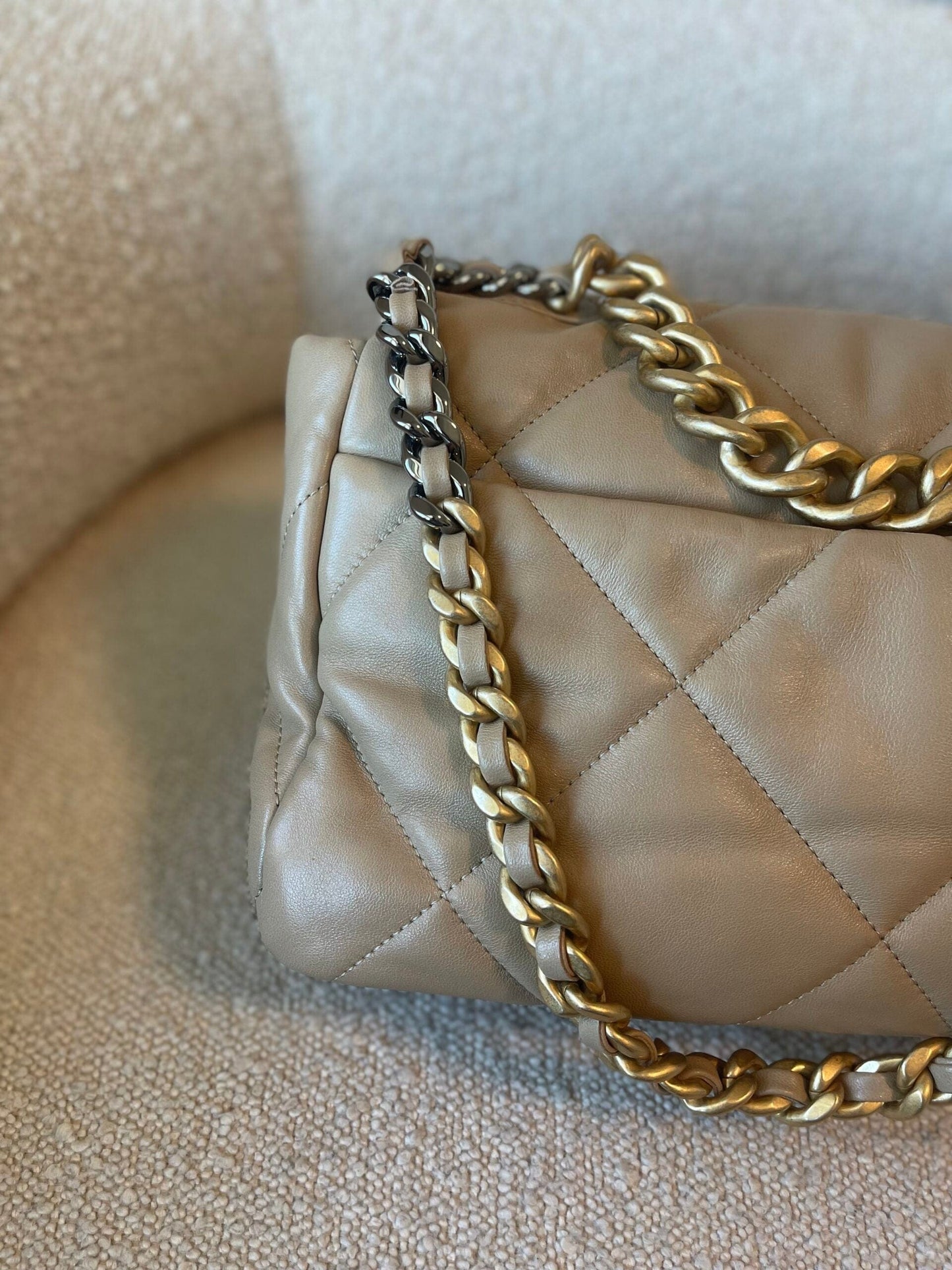 21S Large Beige/Gold Lambskin Quilted 19 Flap Mixed Hardware