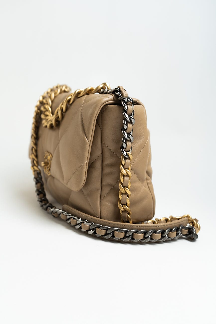 21S Large Beige/Gold Lambskin Quilted 19 Flap Mixed Hardware