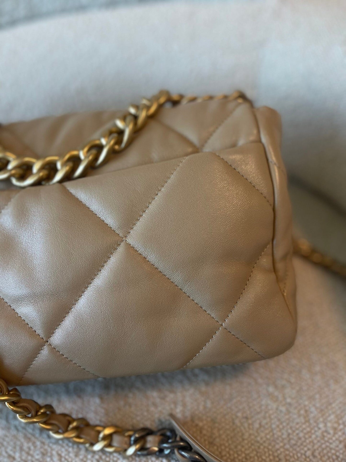 21S Large Beige/Gold Lambskin Quilted 19 Flap Mixed Hardware