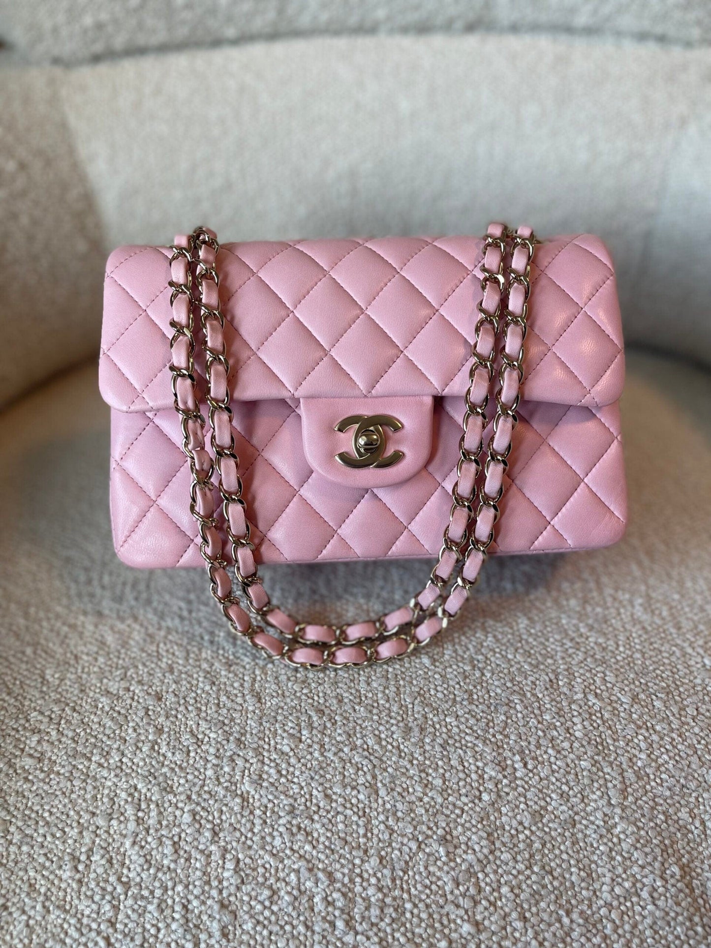21S Light Pink Lambskin Quilted Classic Flap Small