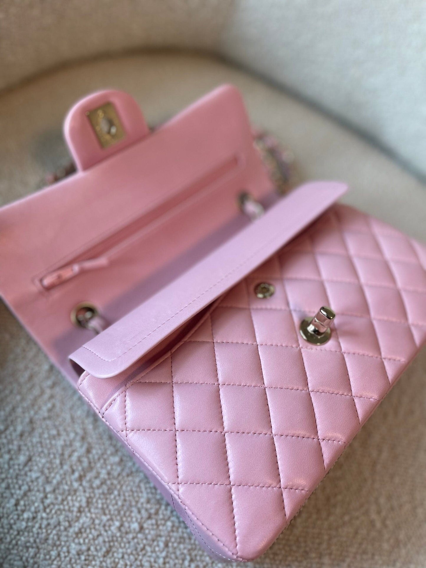 21S Light Pink Lambskin Quilted Classic Flap Small