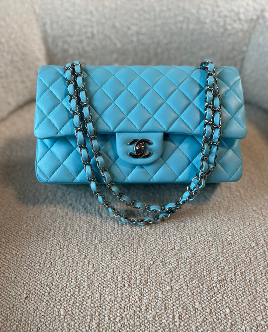 21S Neon Blue Lambskin Quilted Classic Flap Medium SHW