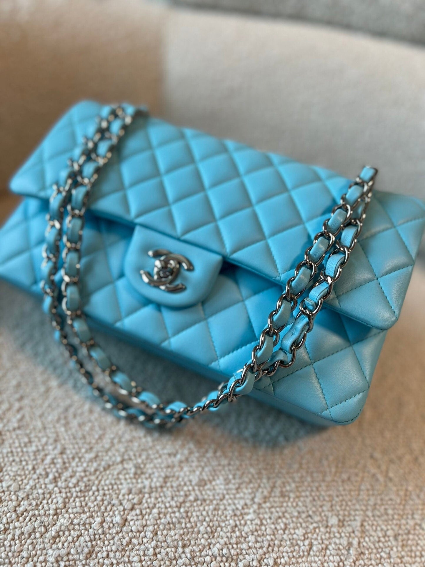 21S Neon Blue Lambskin Quilted Classic Flap Medium SHW