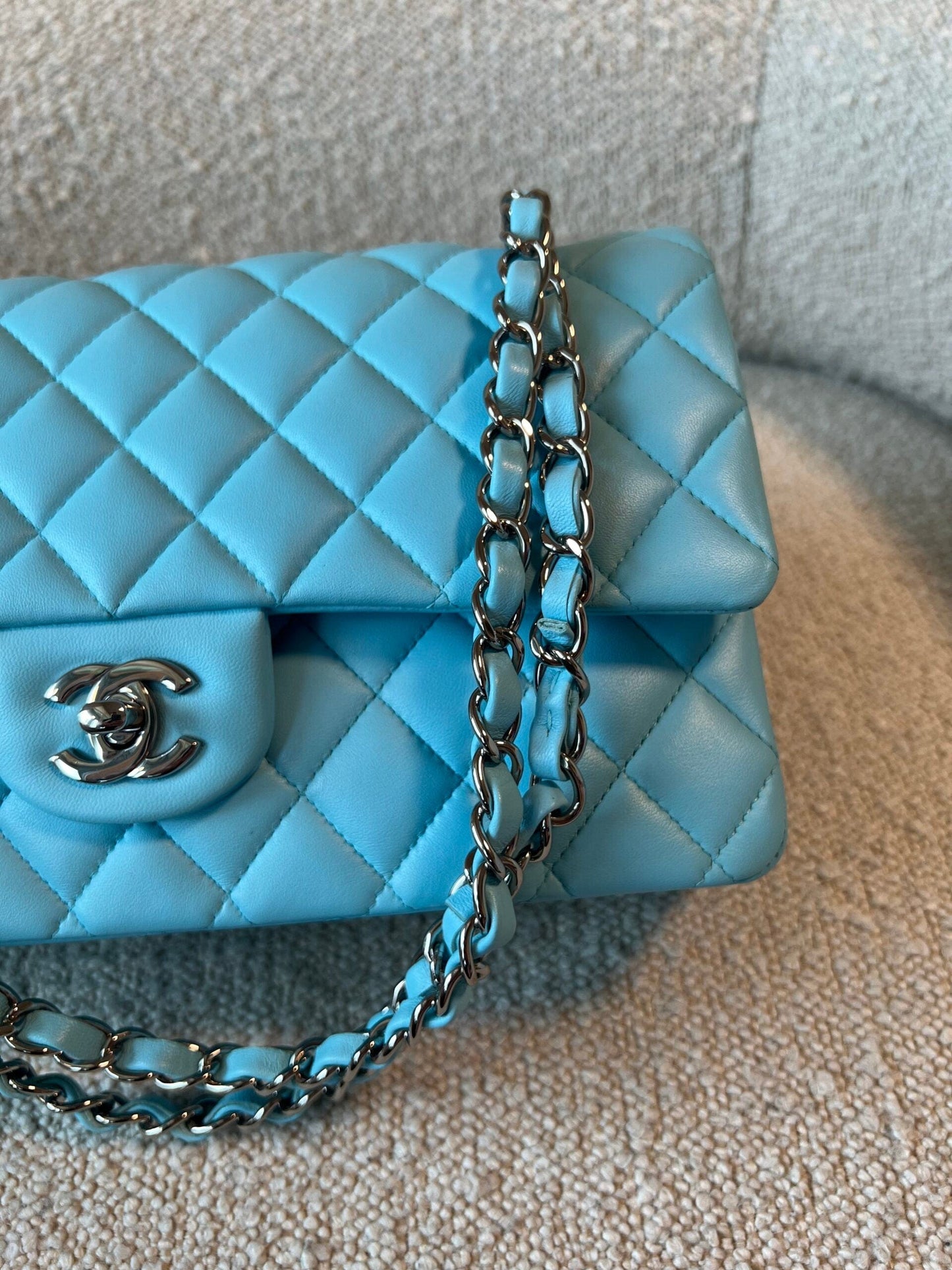 21S Neon Blue Lambskin Quilted Classic Flap Medium SHW