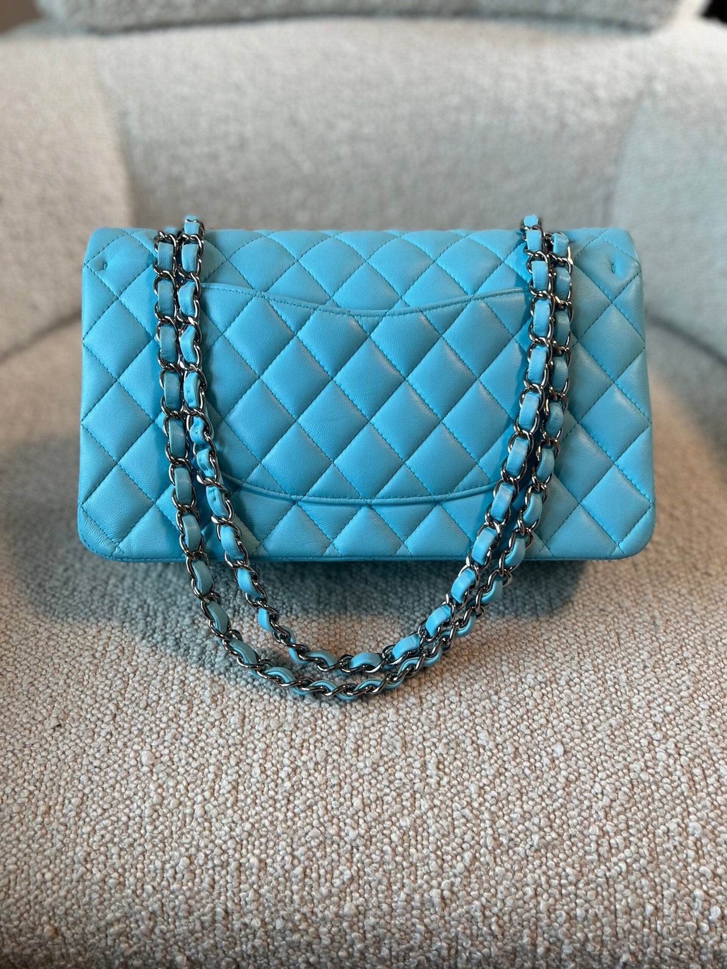 21S Neon Blue Lambskin Quilted Classic Flap Medium SHW