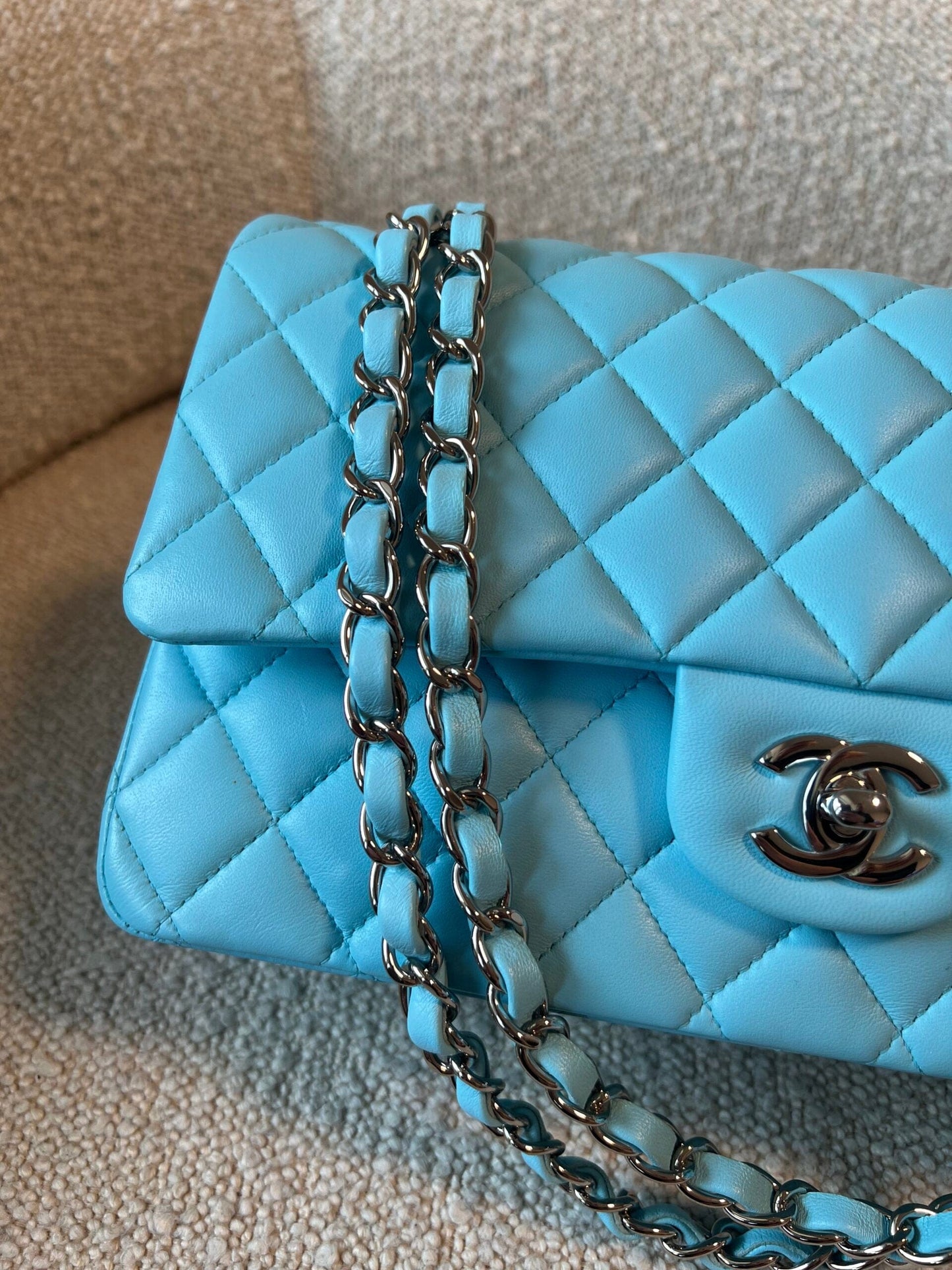 21S Neon Blue Lambskin Quilted Classic Flap Medium SHW