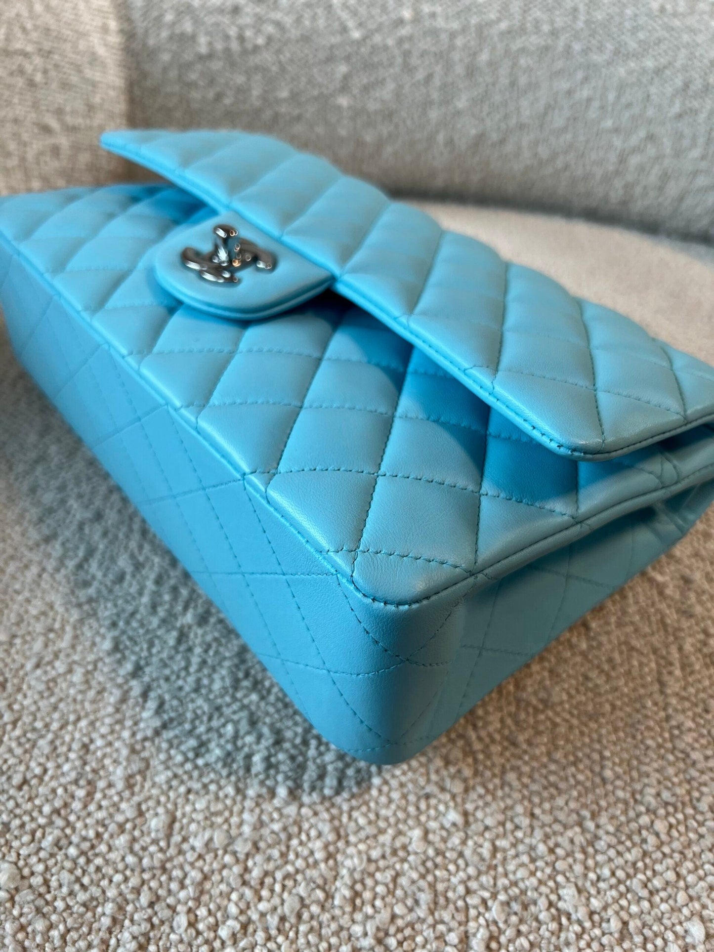 21S Neon Blue Lambskin Quilted Classic Flap Medium SHW