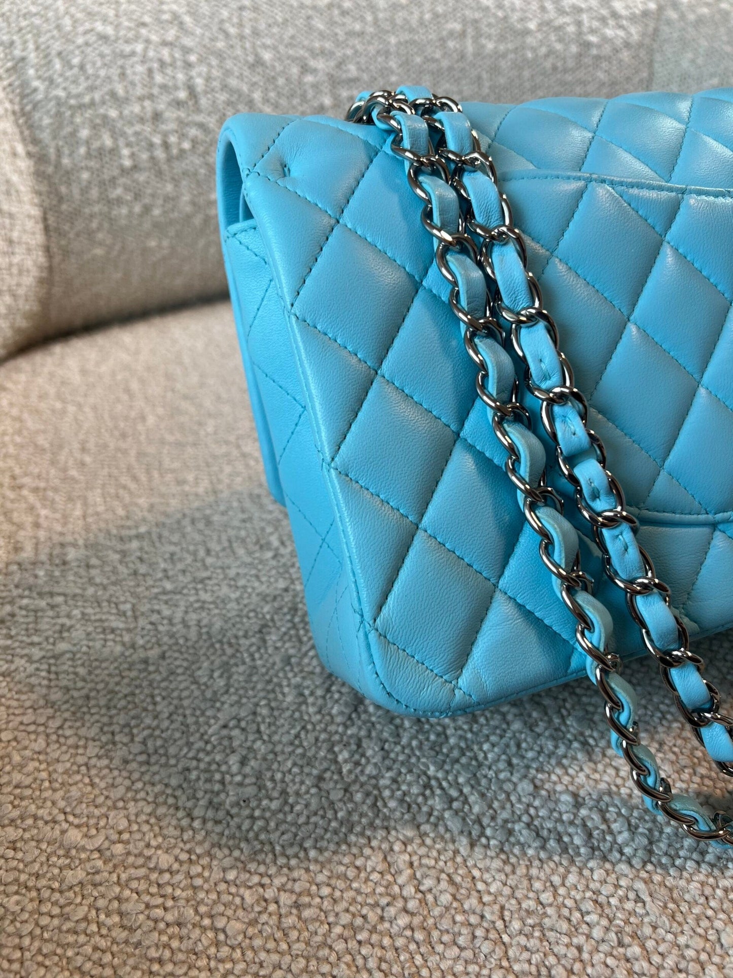 21S Neon Blue Lambskin Quilted Classic Flap Medium SHW