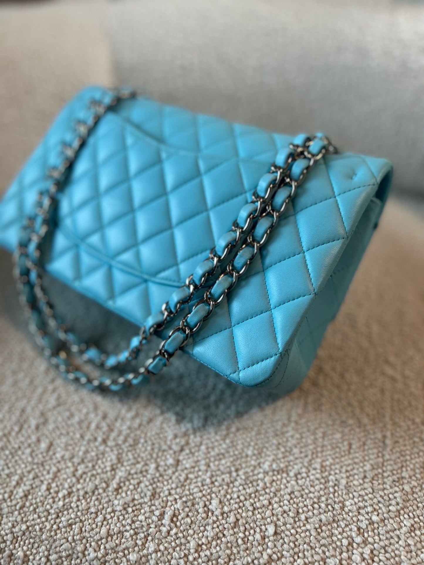 21S Neon Blue Lambskin Quilted Classic Flap Medium SHW