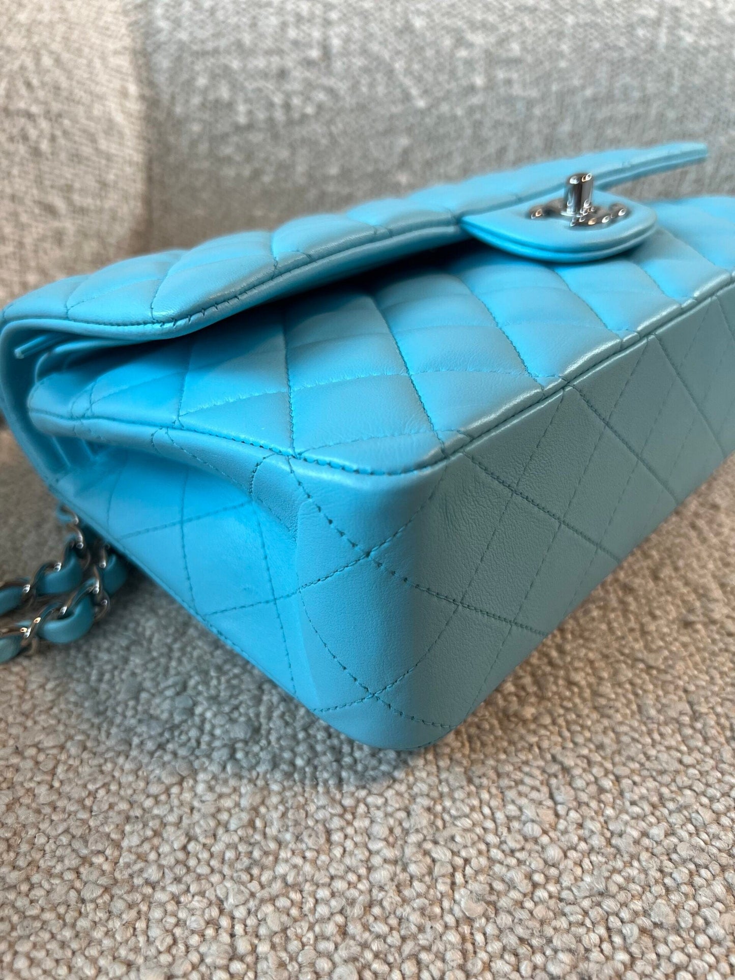 21S Neon Blue Lambskin Quilted Classic Flap Medium SHW