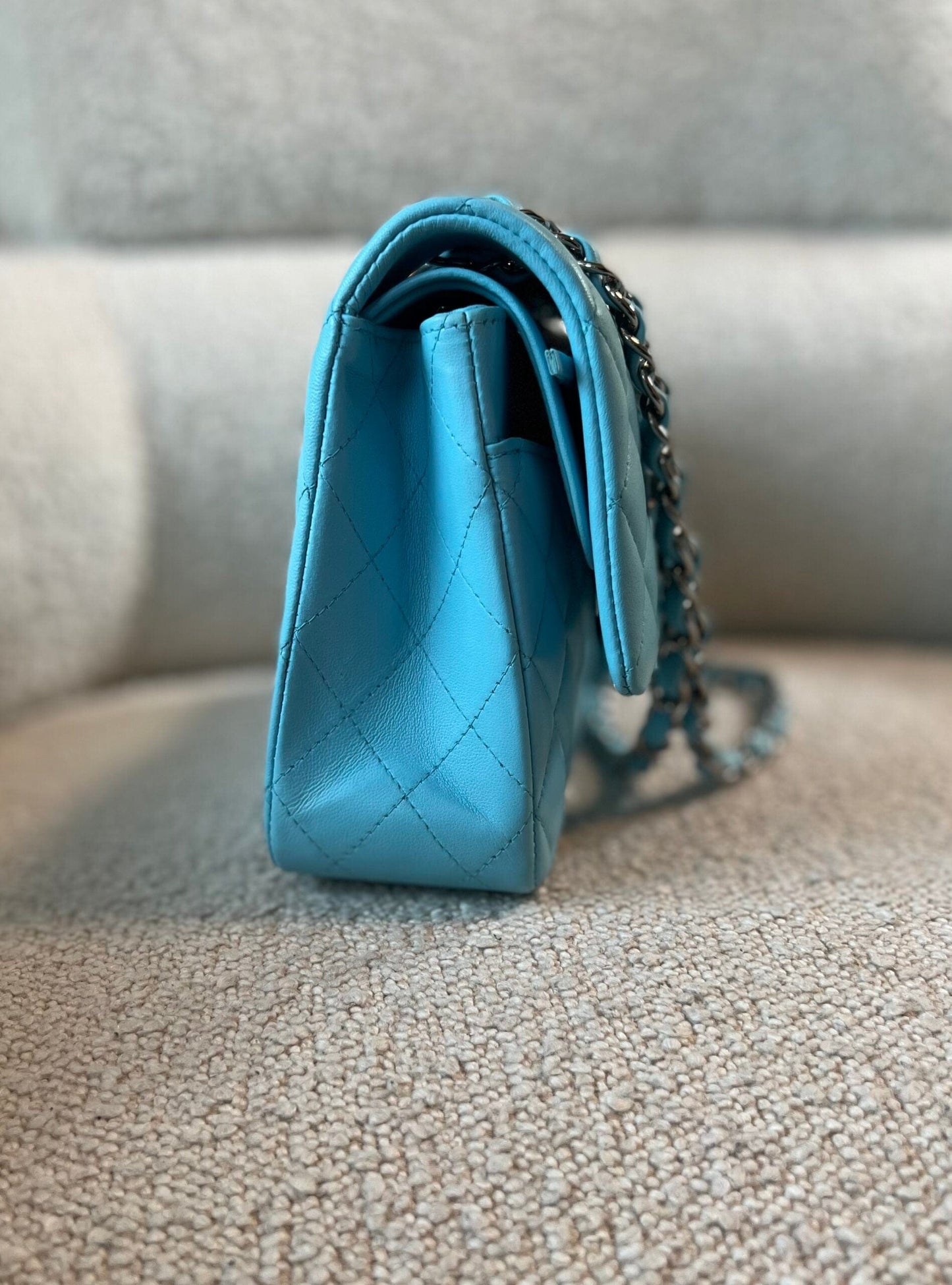 21S Neon Blue Lambskin Quilted Classic Flap Medium SHW