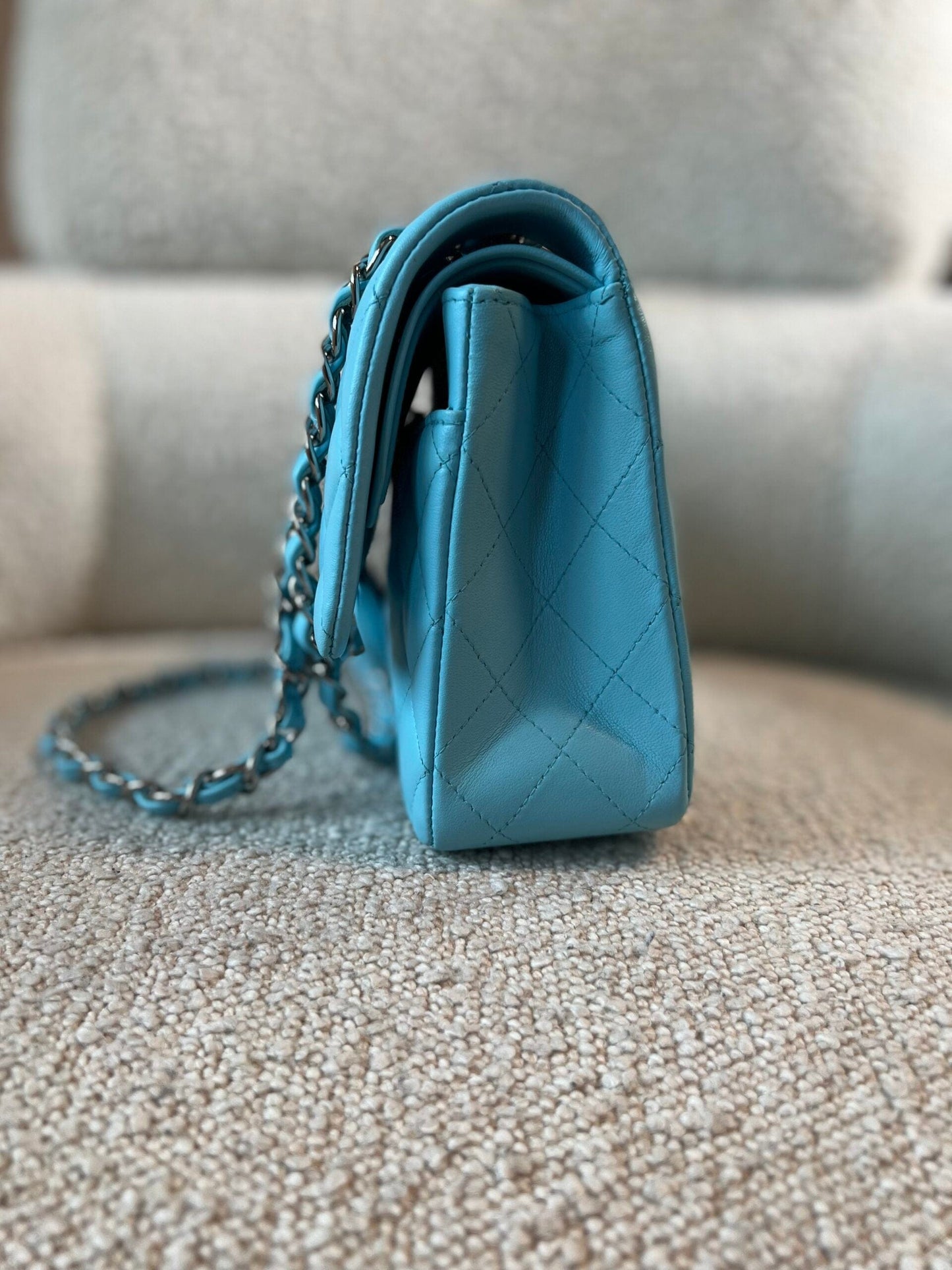 21S Neon Blue Lambskin Quilted Classic Flap Medium SHW