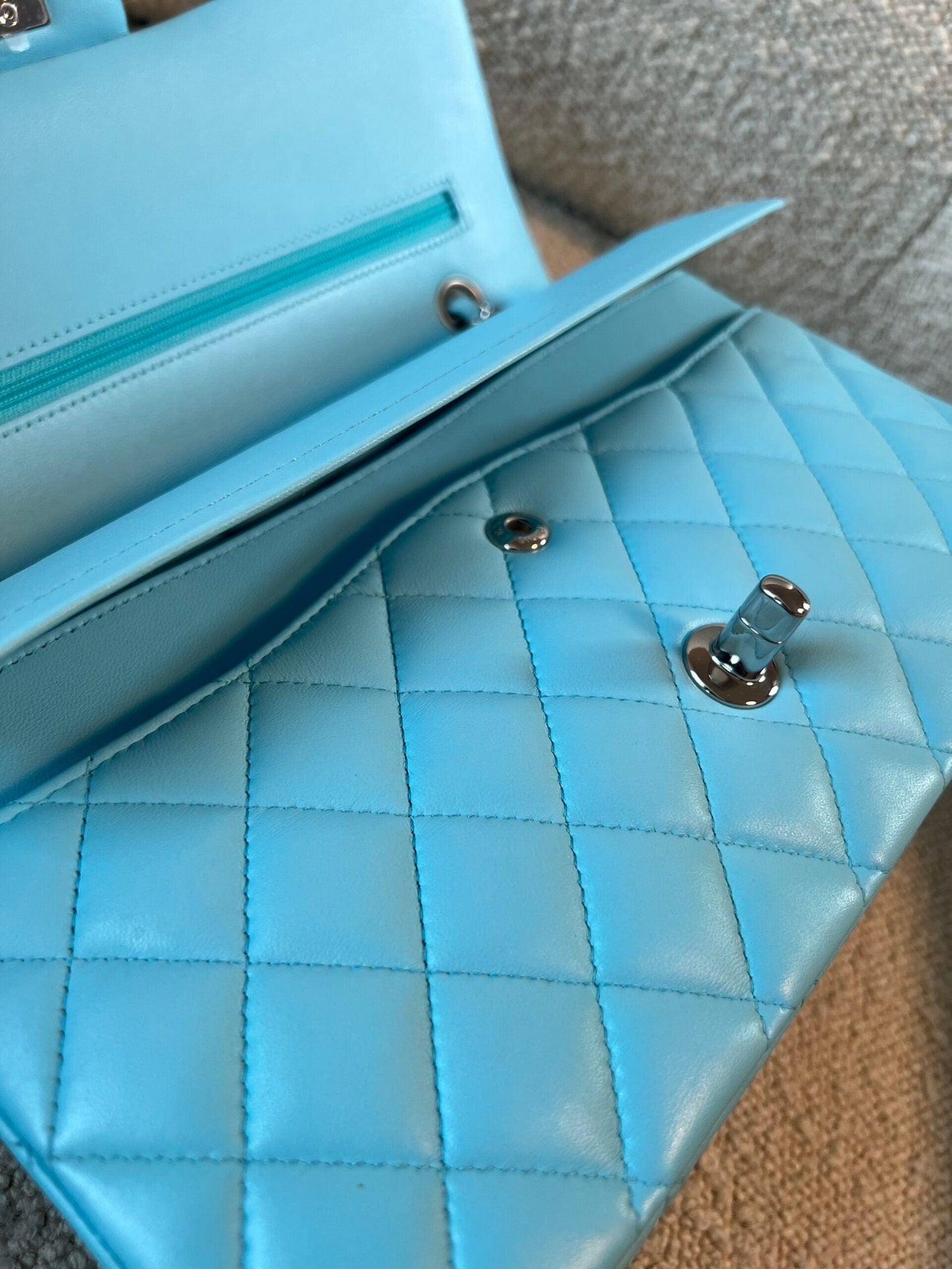 21S Neon Blue Lambskin Quilted Classic Flap Medium SHW