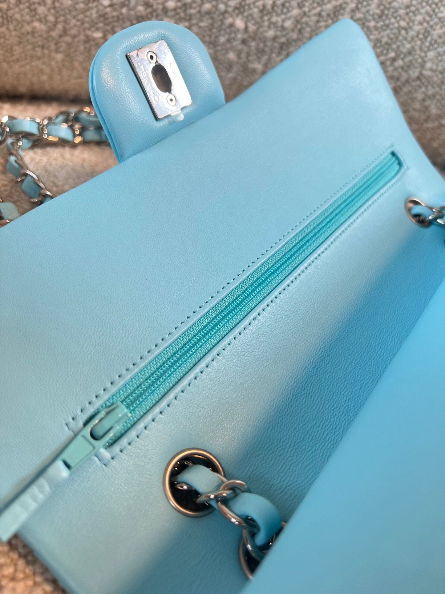 21S Neon Blue Lambskin Quilted Classic Flap Medium SHW