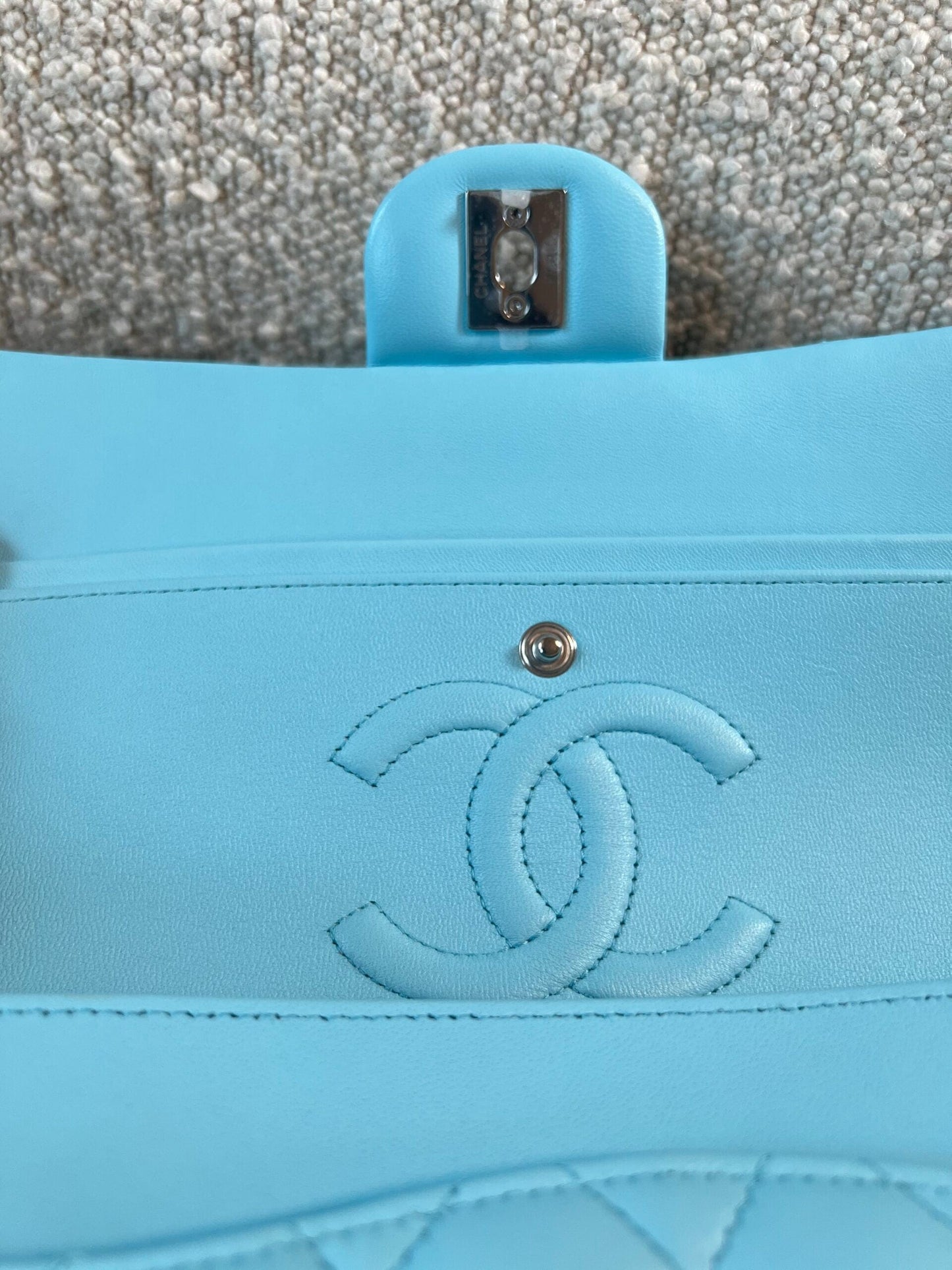 21S Neon Blue Lambskin Quilted Classic Flap Medium SHW