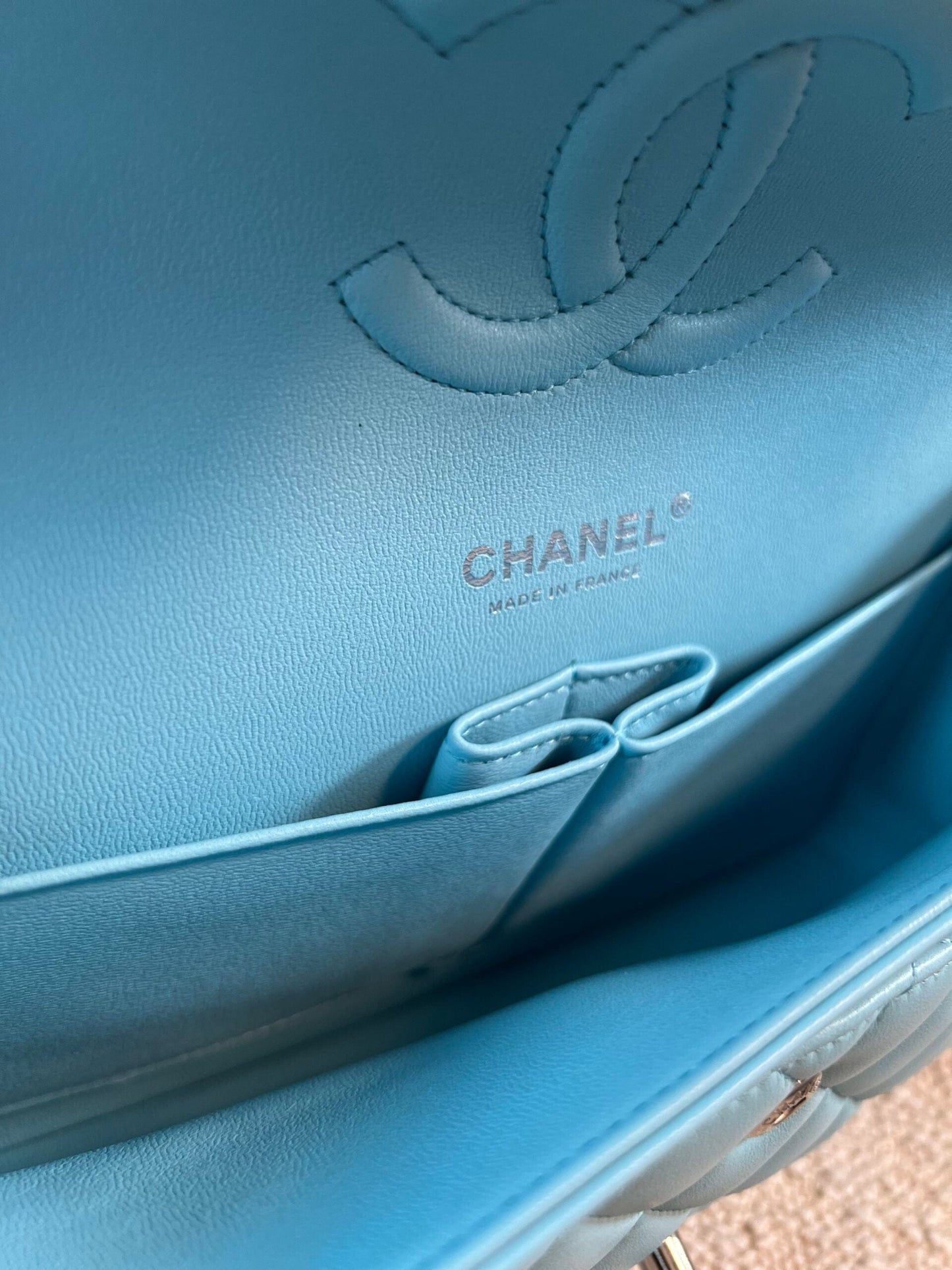 21S Neon Blue Lambskin Quilted Classic Flap Medium SHW