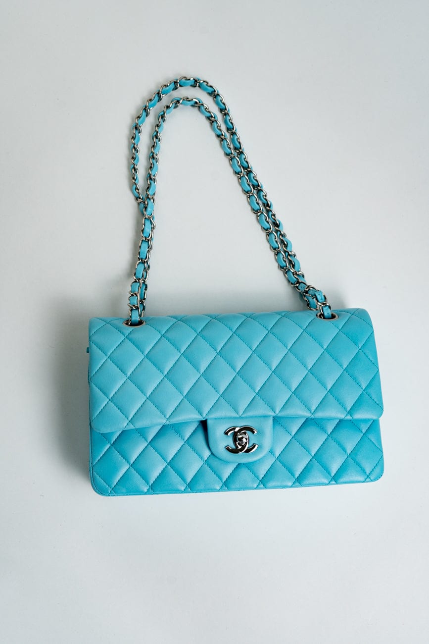 21S Neon Blue Lambskin Quilted Classic Flap Medium SHW