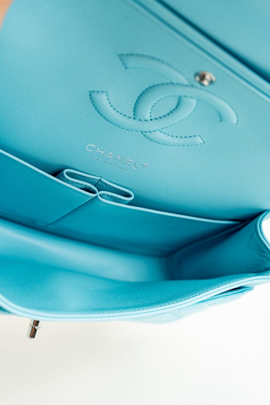 21S Neon Blue Lambskin Quilted Classic Flap Medium SHW