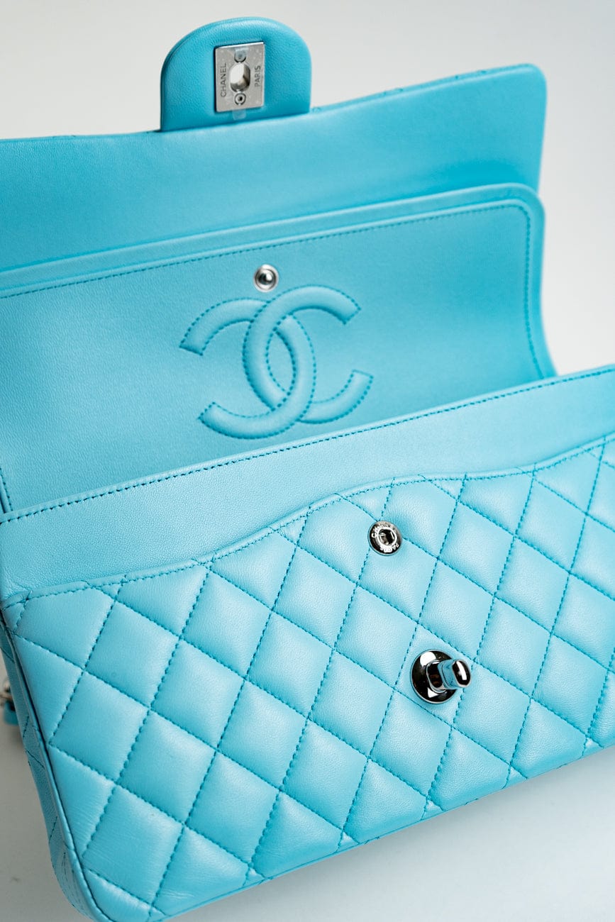 21S Neon Blue Lambskin Quilted Classic Flap Medium SHW