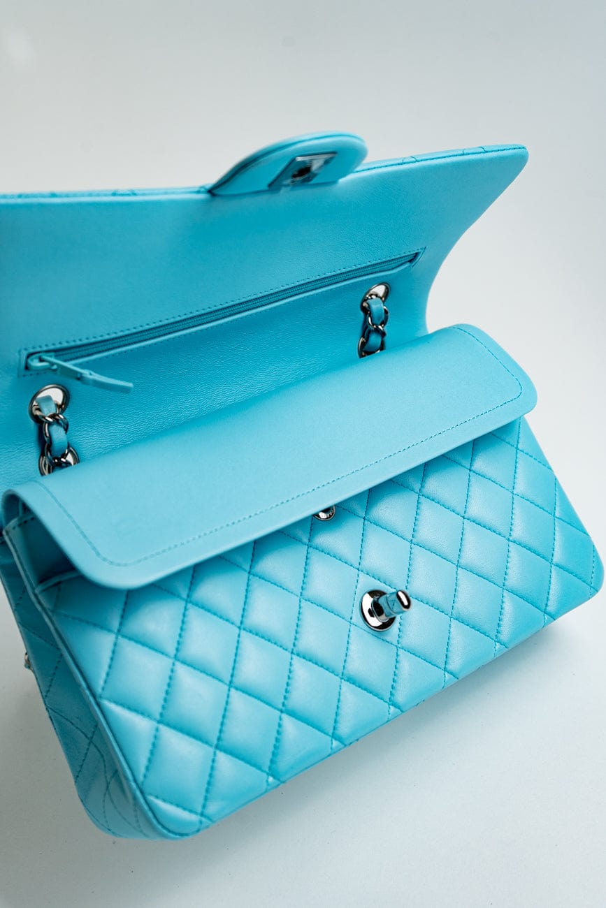 21S Neon Blue Lambskin Quilted Classic Flap Medium SHW