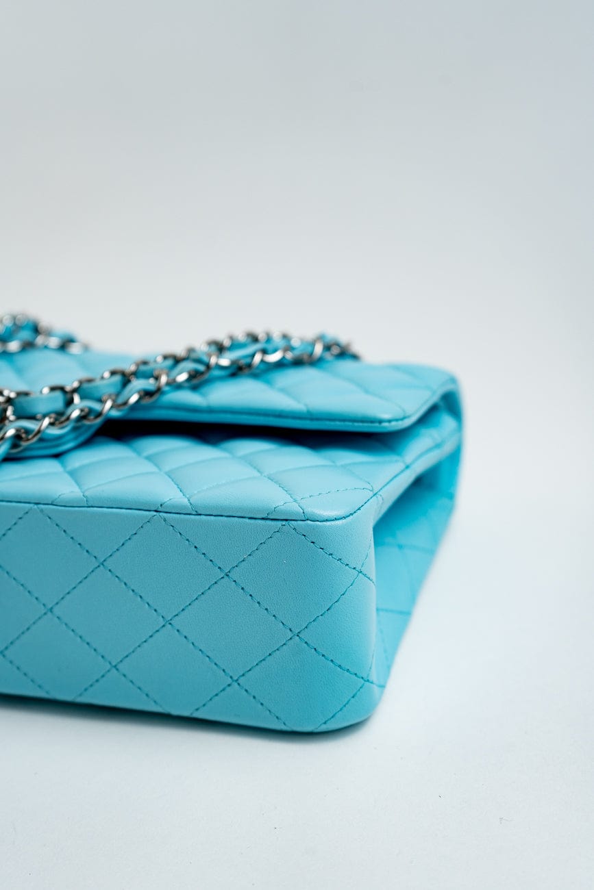 21S Neon Blue Lambskin Quilted Classic Flap Medium SHW