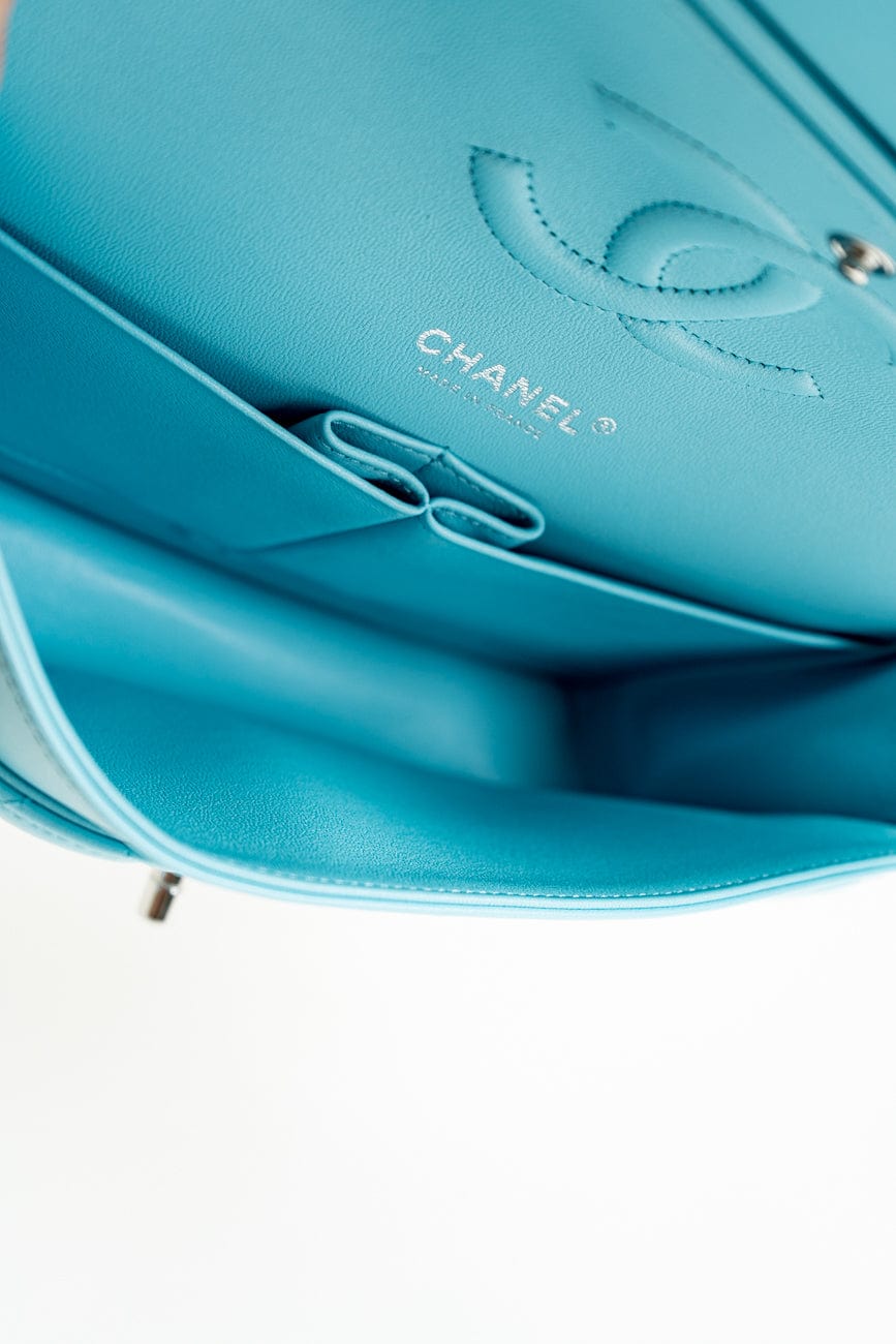 21S Neon Blue Lambskin Quilted Classic Flap Medium SHW