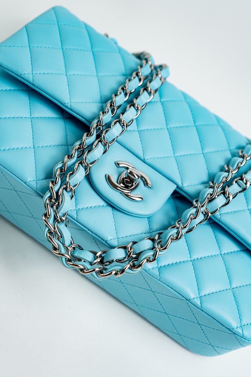 21S Neon Blue Lambskin Quilted Classic Flap Medium SHW