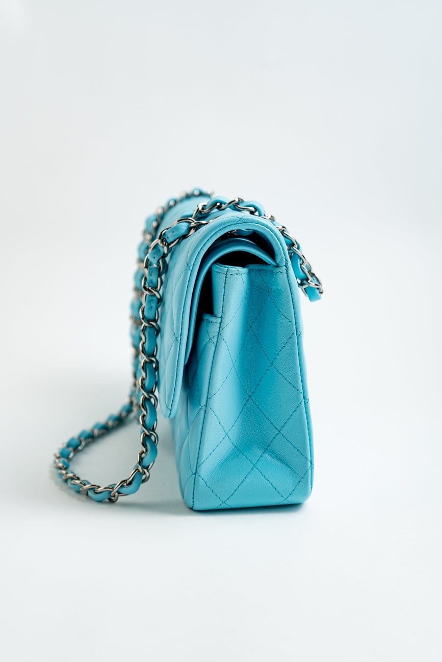 21S Neon Blue Lambskin Quilted Classic Flap Medium SHW