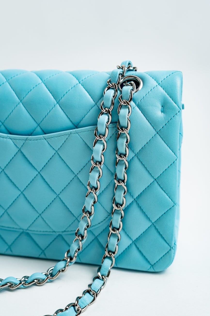 21S Neon Blue Lambskin Quilted Classic Flap Medium SHW