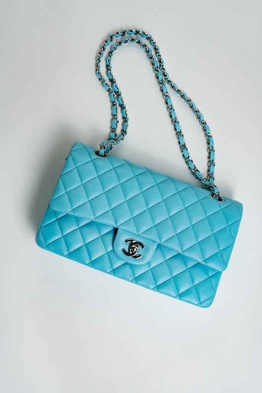 21S Neon Blue Lambskin Quilted Classic Flap Medium SHW