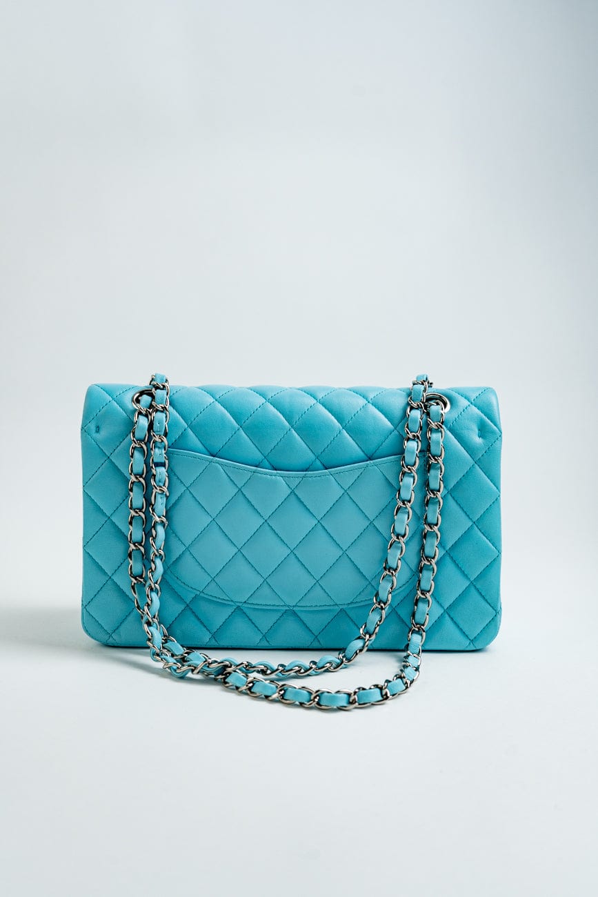 21S Neon Blue Lambskin Quilted Classic Flap Medium SHW