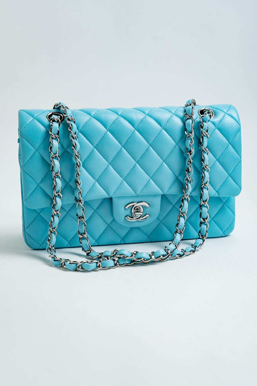 21S Neon Blue Lambskin Quilted Classic Flap Medium SHW