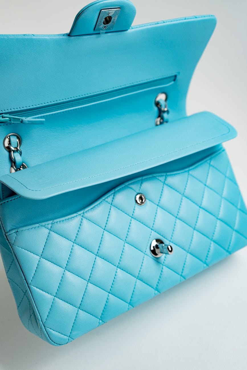 21S Neon Blue Lambskin Quilted Classic Flap Medium SHW