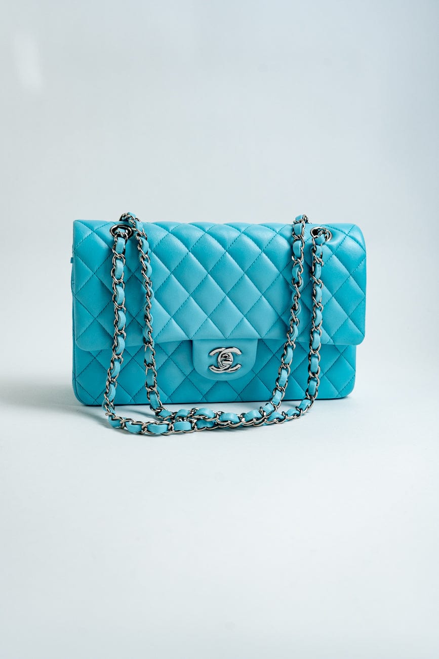 21S Neon Blue Lambskin Quilted Classic Flap Medium SHW
