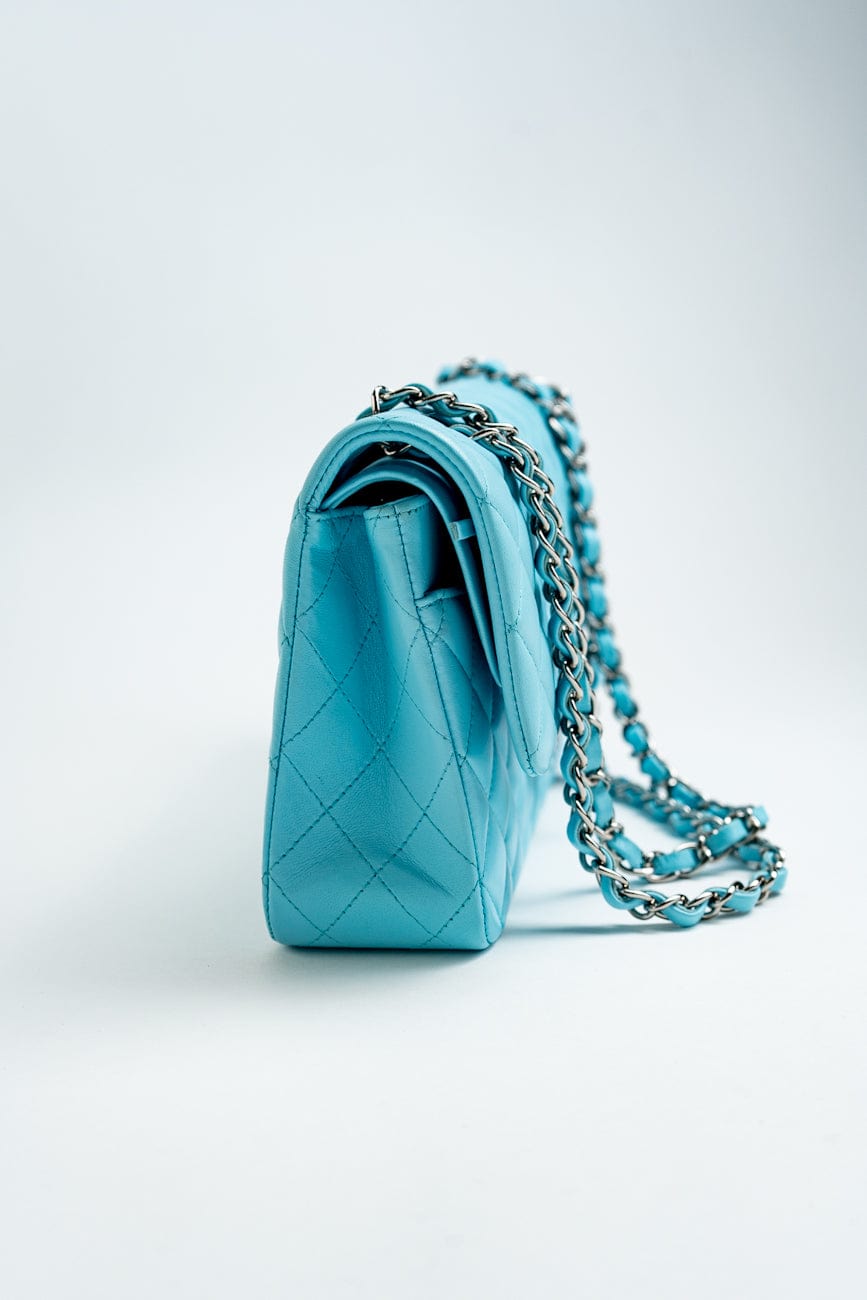 21S Neon Blue Lambskin Quilted Classic Flap Medium SHW