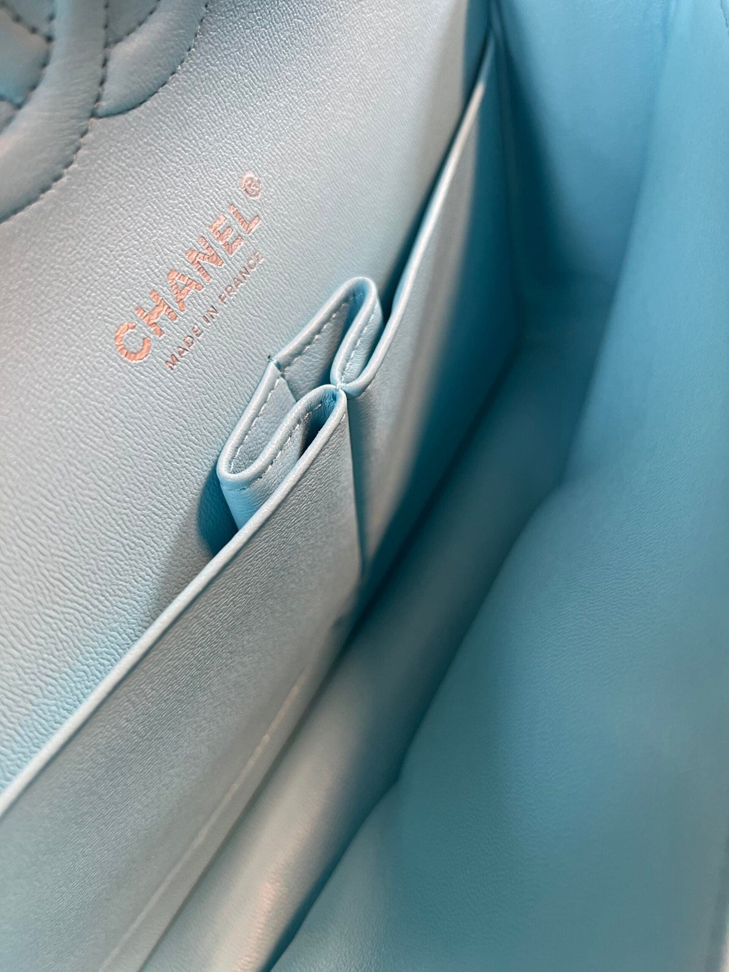 21S Neon Blue Lambskin Quilted Classic Flap Medium SHW