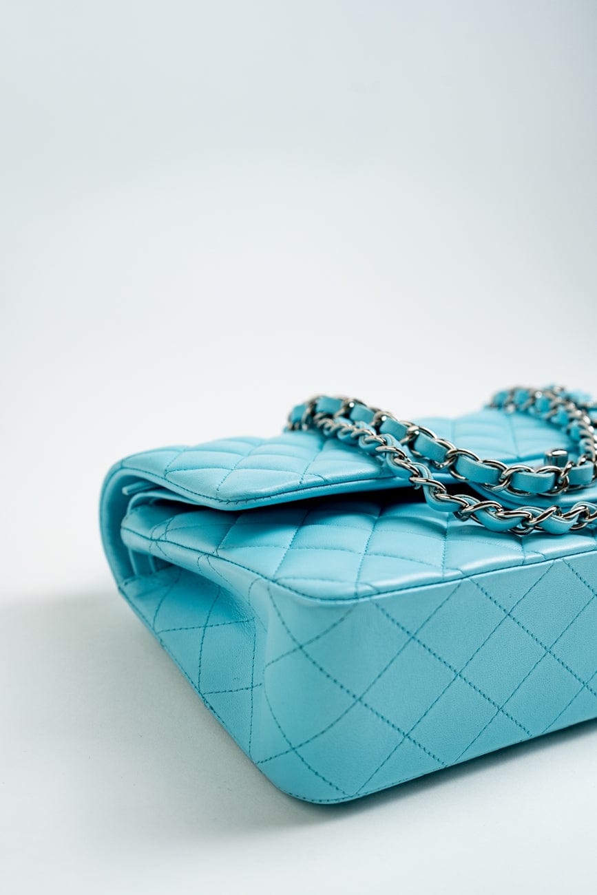 21S Neon Blue Lambskin Quilted Classic Flap Medium SHW