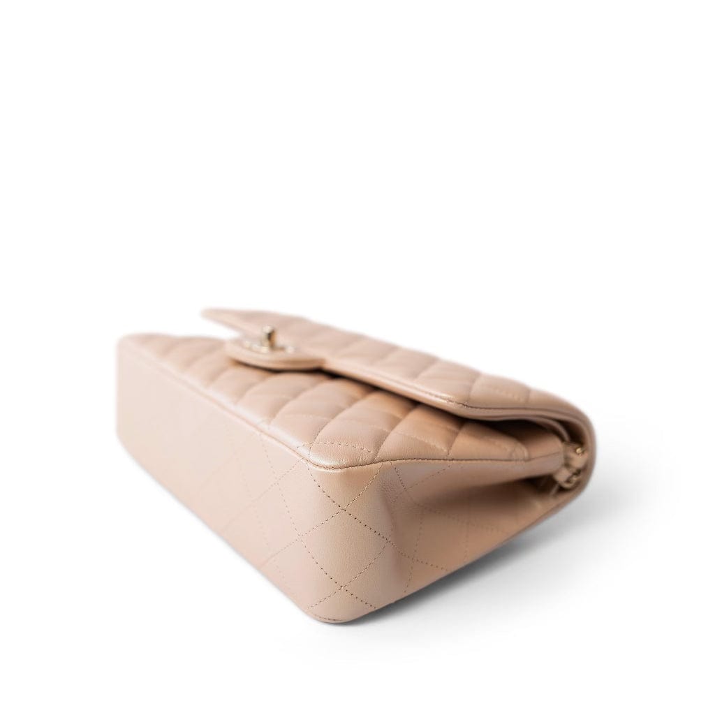 21S Pearly Beige Calfskin Quilted Classic Double Flap Light Gold Hardware