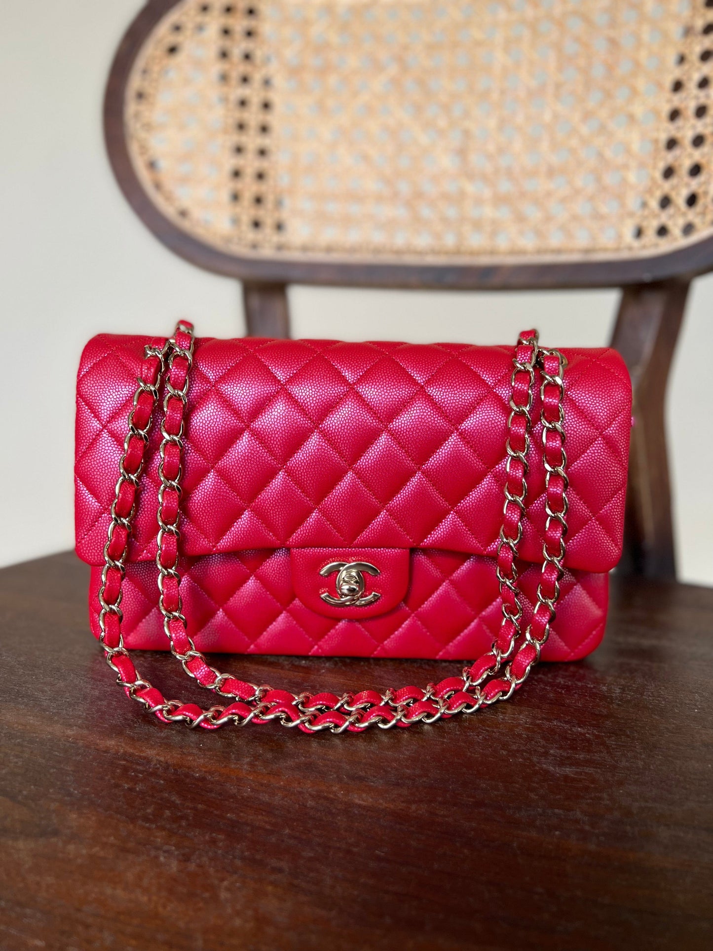 21S Red Iridescent Caviar Quilted Classic Flap Medium