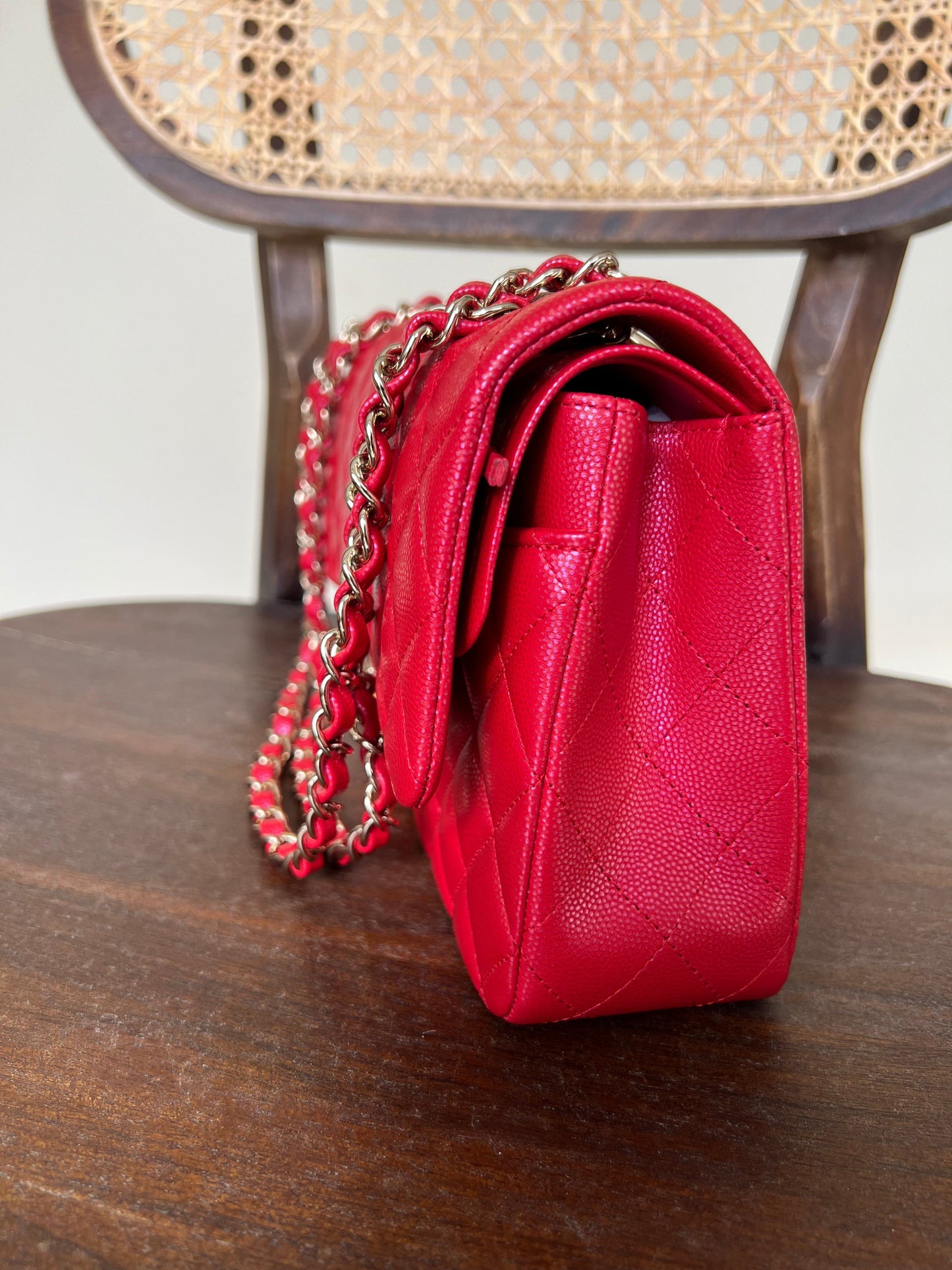 21S Red Iridescent Caviar Quilted Classic Flap Medium