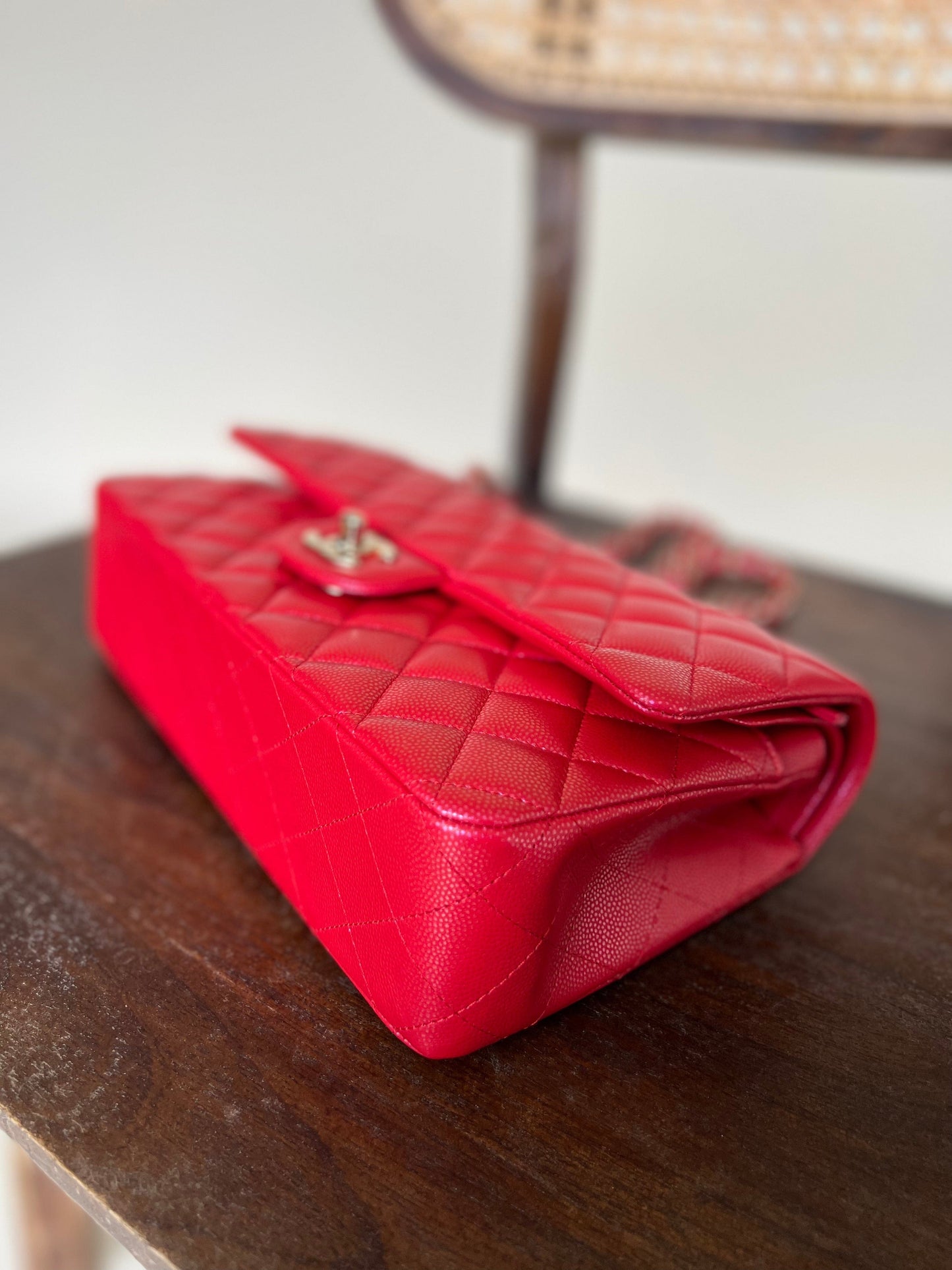 21S Red Iridescent Caviar Quilted Classic Flap Medium