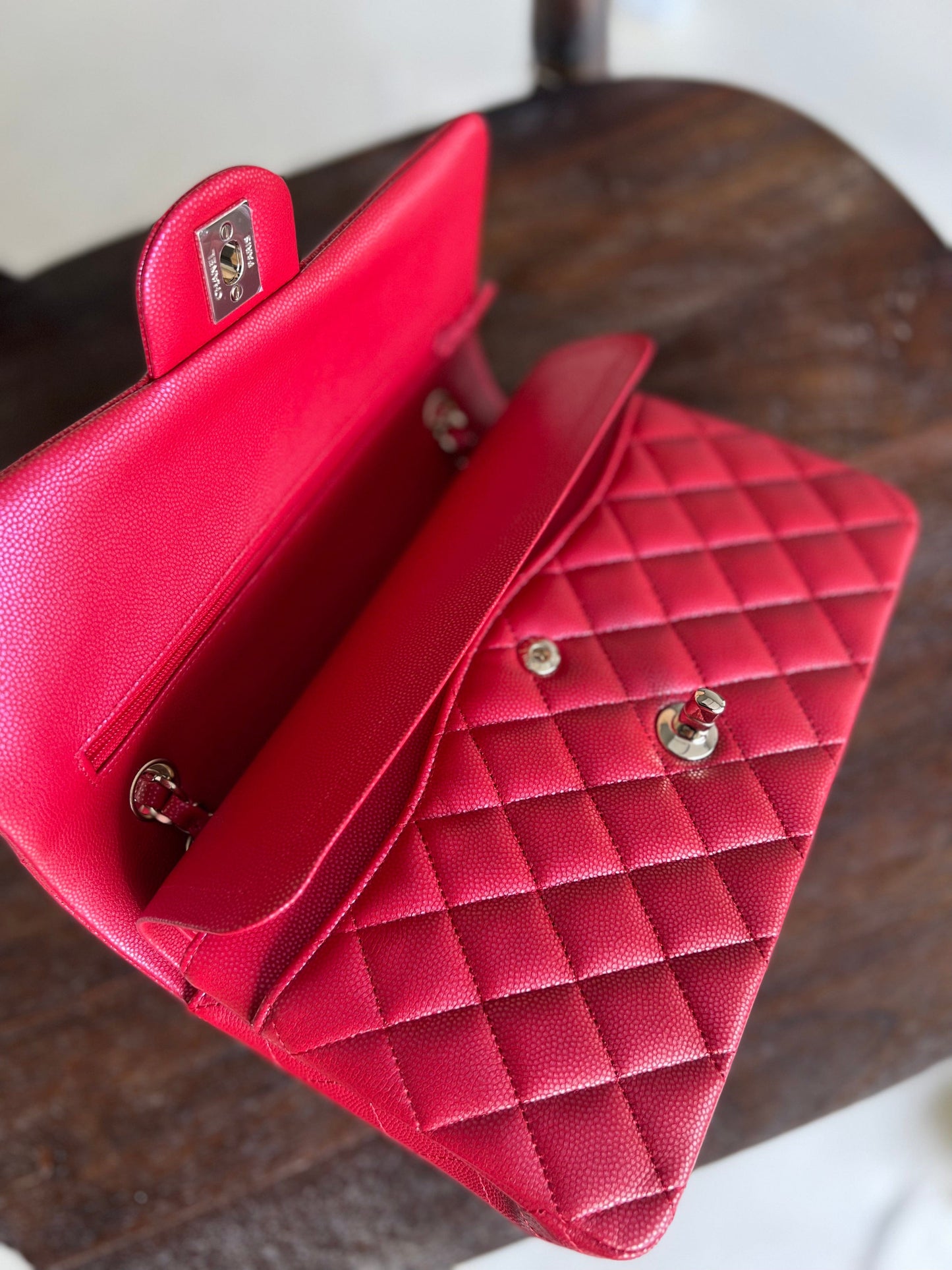 21S Red Iridescent Caviar Quilted Classic Flap Medium