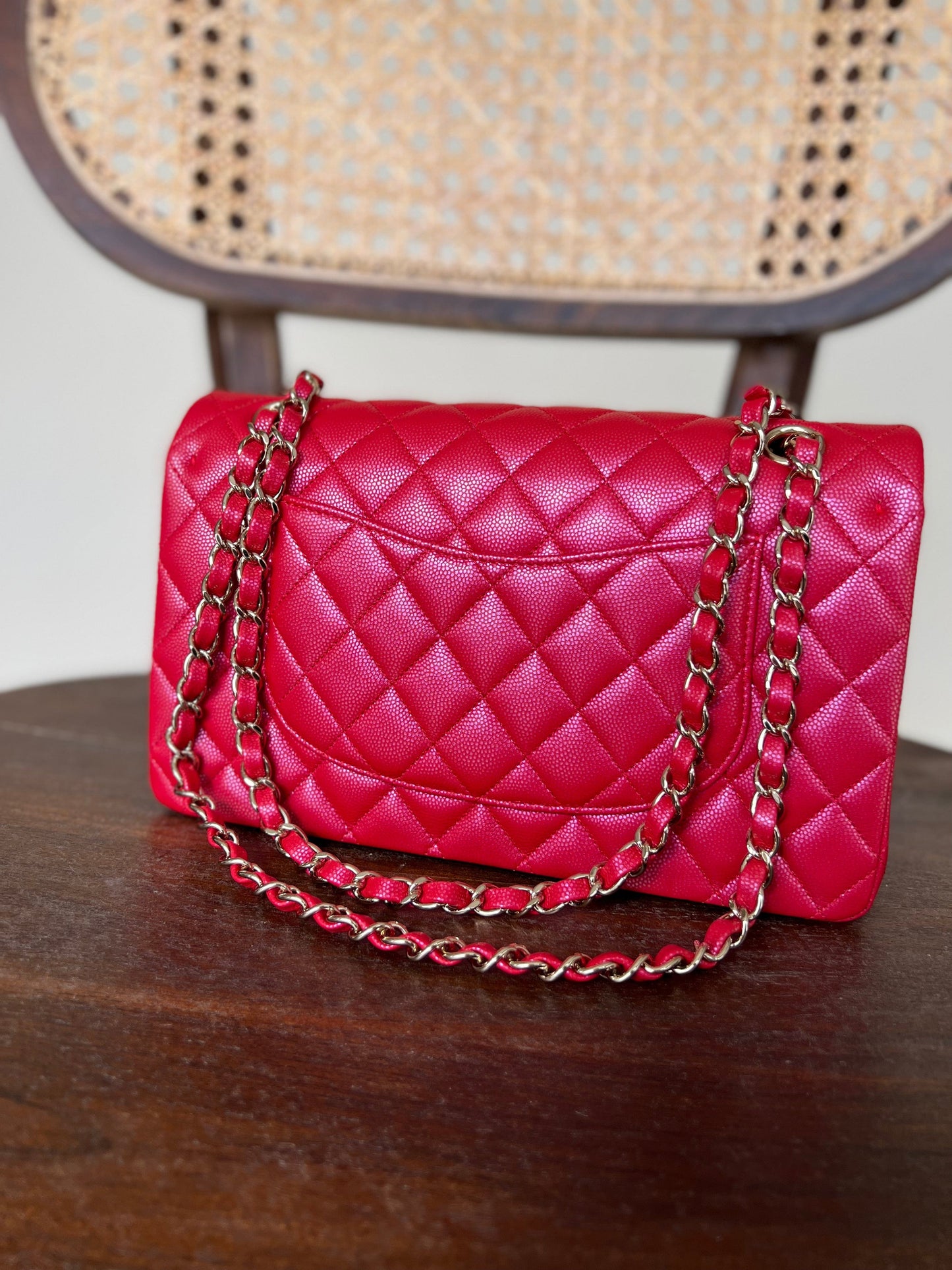 21S Red Iridescent Caviar Quilted Classic Flap Medium