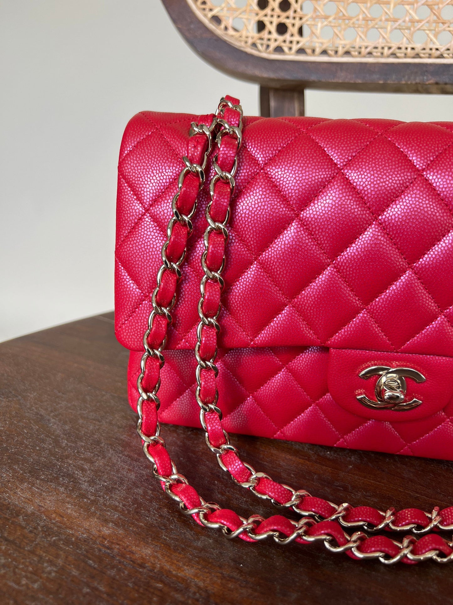 21S Red Iridescent Caviar Quilted Classic Flap Medium