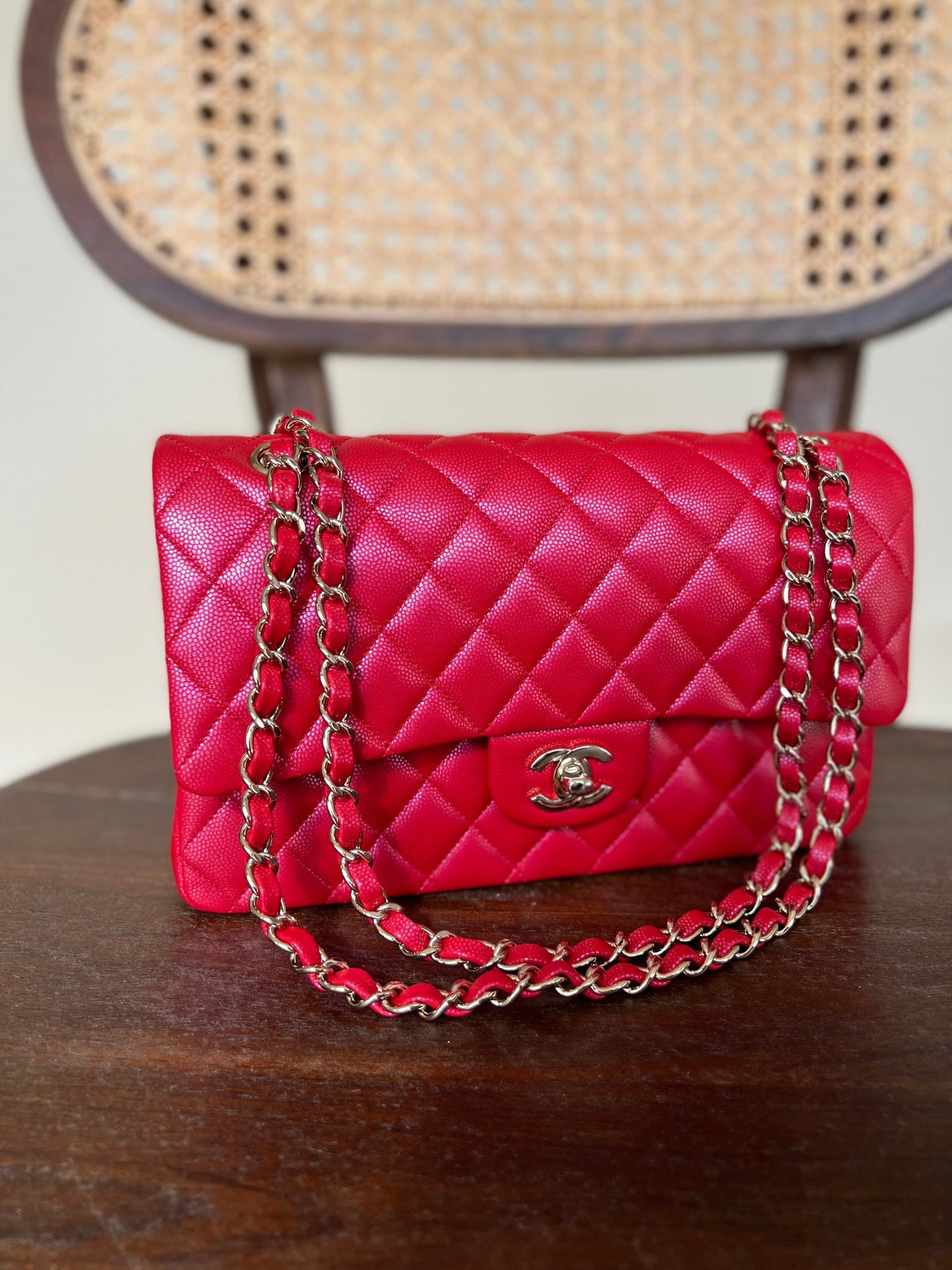 21S Red Iridescent Caviar Quilted Classic Flap Medium