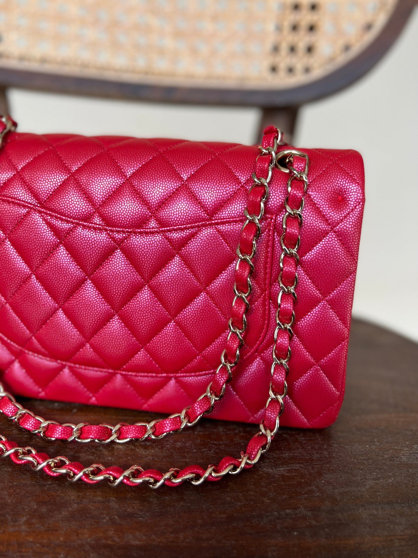 21S Red Iridescent Caviar Quilted Classic Flap Medium
