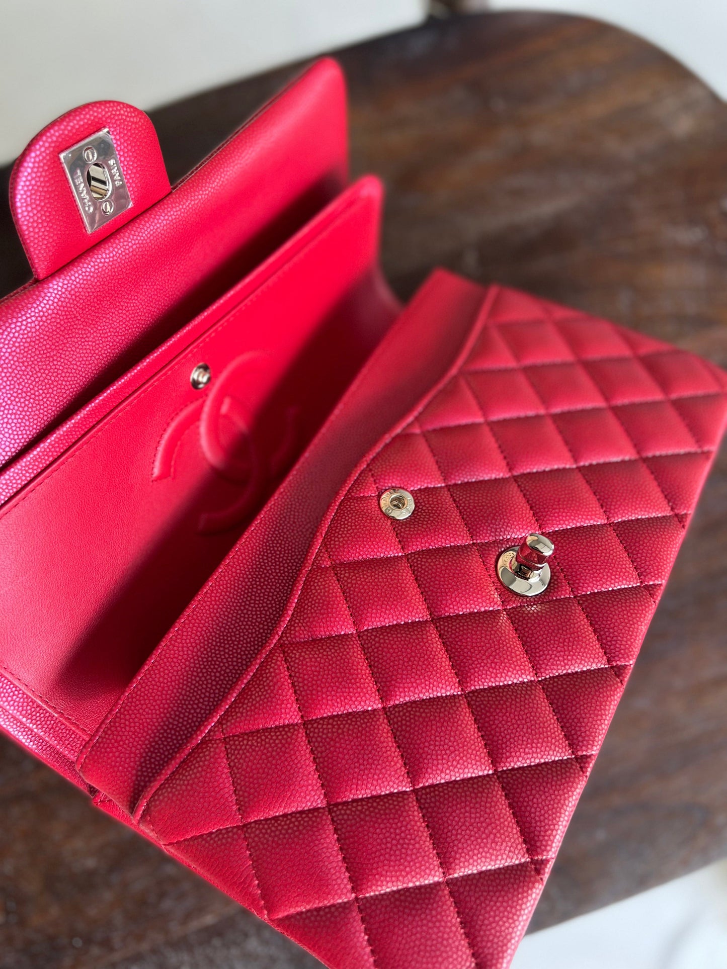 21S Red Iridescent Caviar Quilted Classic Flap Medium