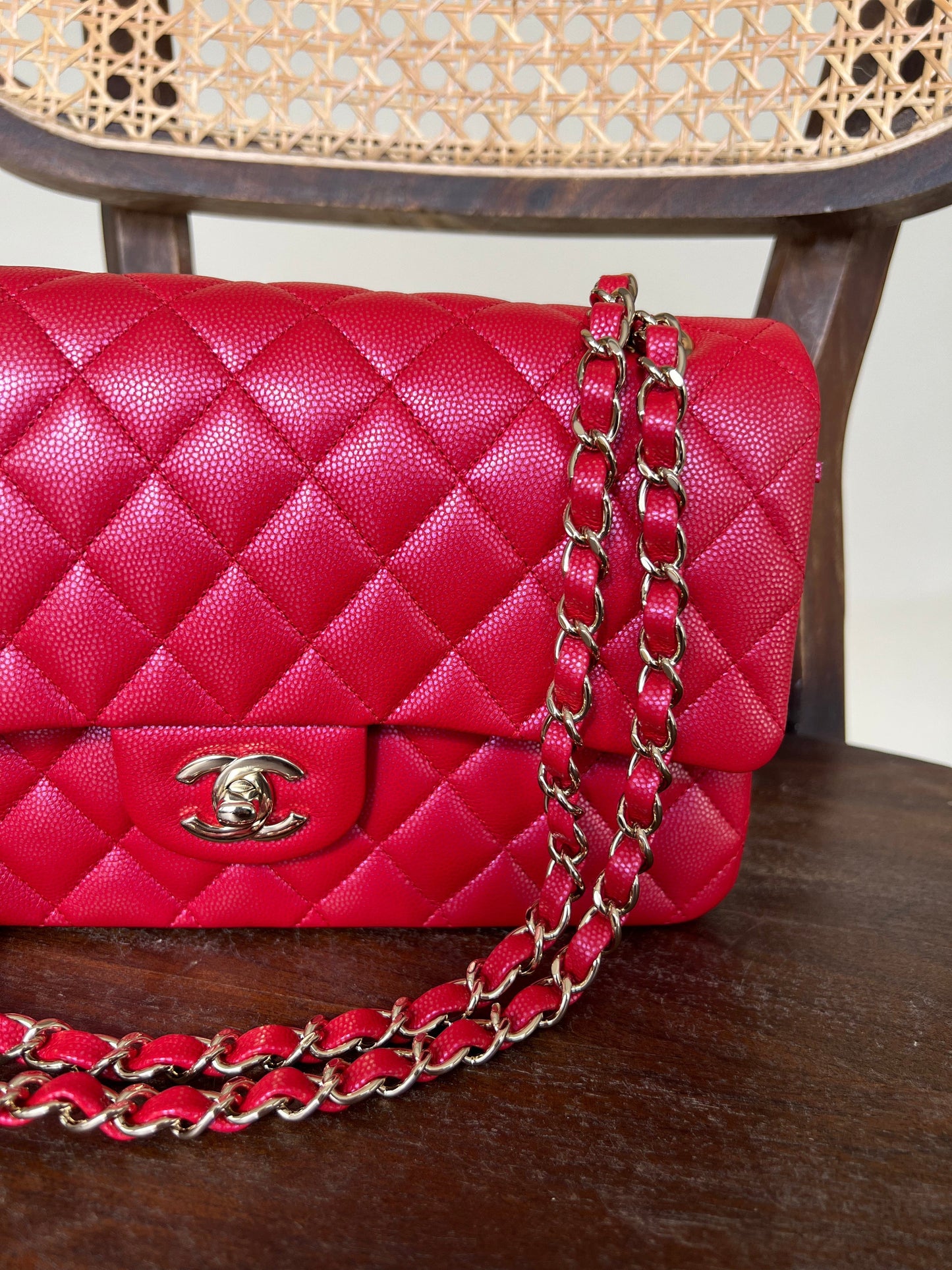 21S Red Iridescent Caviar Quilted Classic Flap Medium