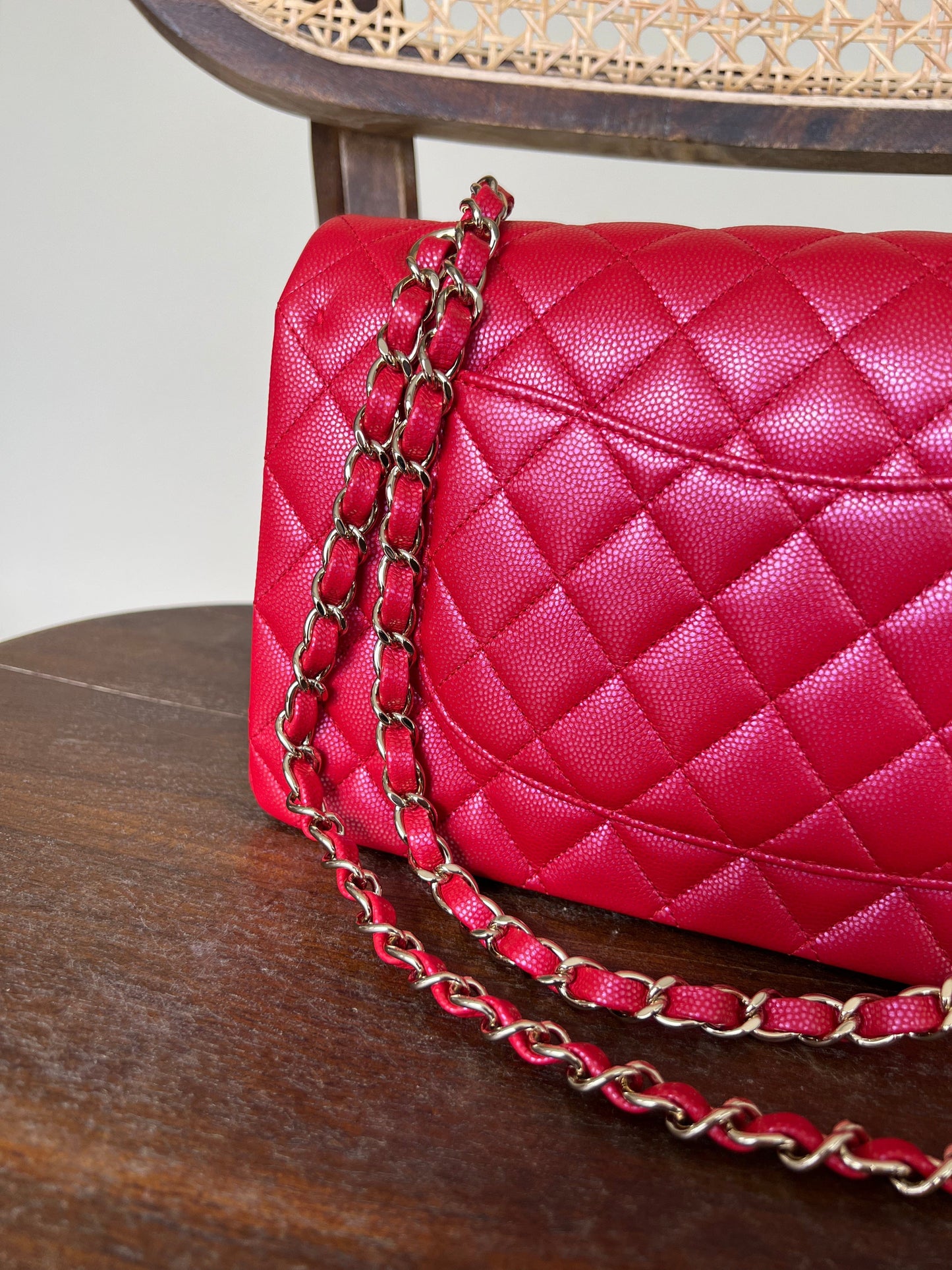 21S Red Iridescent Caviar Quilted Classic Flap Medium