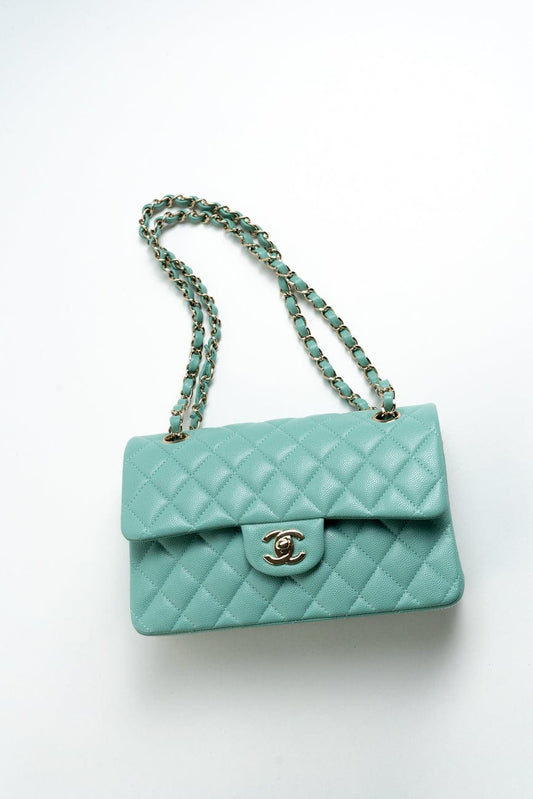 21S Tiffany Blue Caviar Quilted Classic Flap Small SHW